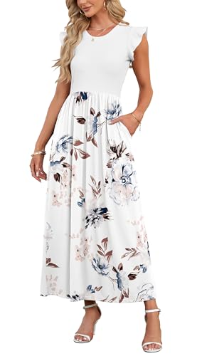 AUSELILY Damen Kurzarm Plissee Lässige Blumen Maxikleider mit Taschen Rundhalsausschnitt Freizeit Weiß Strandkleid Locker Large