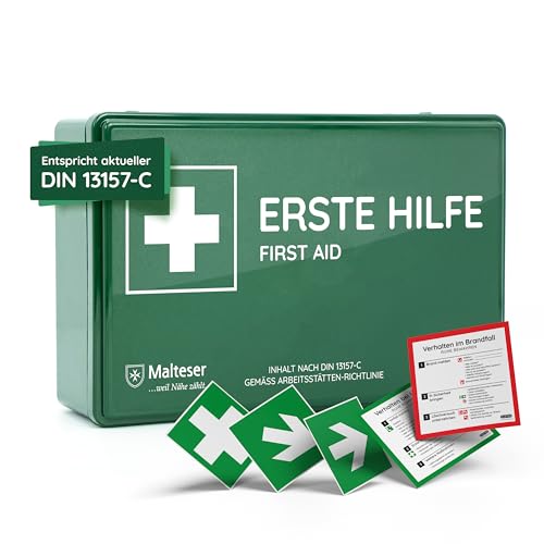 Verbandkasten C nach neuer DIN 13157:2021, mit Wandhalterung/Wandmontage, Betriebsverbandkasten/Erste-Hilfe-Kasten für Betriebe, Büro & Baustelle gemäß ASR, grün