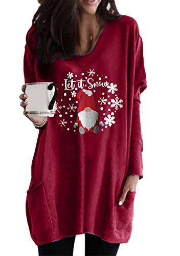 YMING Damen-Sweatshirt mit Rundhalsausschnitt, langärmelig, bedruckt, Übergröße, lockere Passform, Pullover mit Taschen, Dunkelrot, XXX-Large