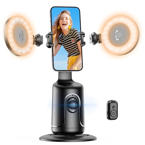 Auto Face Tracking Tripod mit 2 Selfie Licht, 360 ° Drehbar Handyhalterung für Smartphone, Smart Tracking Automatisch Gimbal Stabilisator for Vlog, Streaming, Video, Keine App, Gestensteuerung