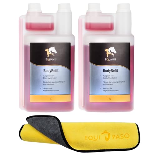Equanis Set | Body Refit | 2X 1 Liter flüssig | verkürzt Regenerationszeit, mit wichtigen Elektrolyten, Nahrungsergänzung für Pferde + Equipaso Profi Mikrofaser Tuch Gratis