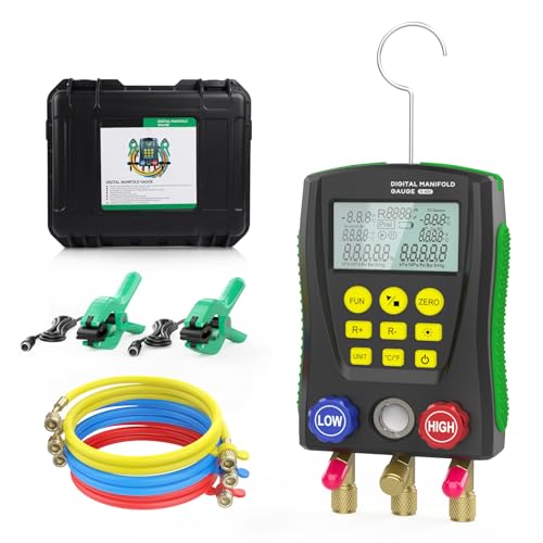 PARAOUTIL Digitales Manometer-Set HVAC Vakuumdruck- und Temperaturtester mit Kältemittelschläuchen und Temperaturklemmen zur Prüfung der Wartung von Klimaanlagen und Kühlschränken
