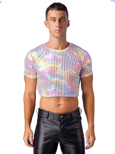 Runhomal Herren Pailletten Crop Top Bauchfrei Kurz Oberteil Glänzend Tanztop Party Shirts Männer Muskelhemd Tanzshirt Party Gogo Clubwear Bunt S