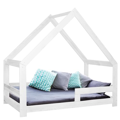 SPRINGOS Kinderbett Hausoptik mit Lattenrost Dach und Rausfallschutz 80 x 160 cm Kiefernholz Bett mit Füßen Hausbett für Jungen und Mädchen