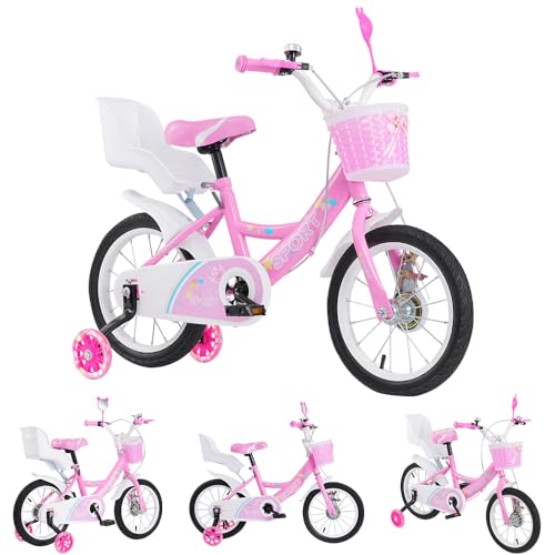 homewell 12/14/16 Zoll Kinderfahrrad für Mädchen & Jungen (2-8 Jahre) – Rosa/Weiß, Kinder Fahrrad mit Sitze für Spielzeug, Sicherheitsbremsen, Stützräder, Leichte Montage (14 Zoll, Rosa)