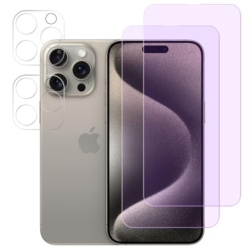 FiiMoo Schutzfolie Kompatibel mit iPhone 15 Pro Max, Anti Blaulicht Schutzfolie + Kamera Schutzfolie [2+2 Stück] [Augenpflege] [Blasenfreie] [Blockiert übermäßiges Schädliches Blaues Licht & UV]