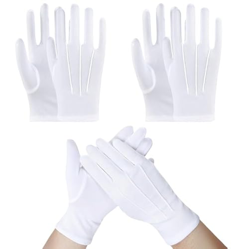 LUFFLOK 3 Paare Weiße Handschuhe, Genähte Weiße Handschuhe für Herren und Damen, Weiche Handschuhe, Weiße Handschuhe für Hochzeitskleid-Handhabung, Festkleidung und Schmuck (3 Paare)
