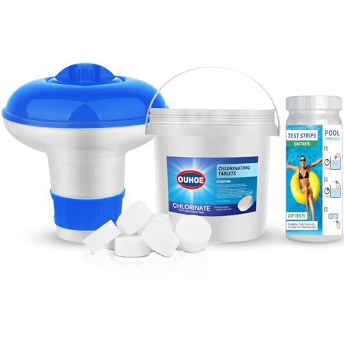 Chlorgranulat für Whirlpool 220g mit schwimmendem Spender + Pool-Teststreifen: Poolwasser-Reinigungsset für Schwimmbad, für Schwimmbad, Planschbecken, Spa-Badewannen