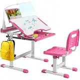 COSTWAY Kinderschreibtisch Set mit Bücherständer & LED-Licht, höhenverstellbarer Kindertisch und Stuhl mit gekippter Tischplatte & Schublade, Kinder Schreibtisch für Jungs & Mädchen (Rosa)
