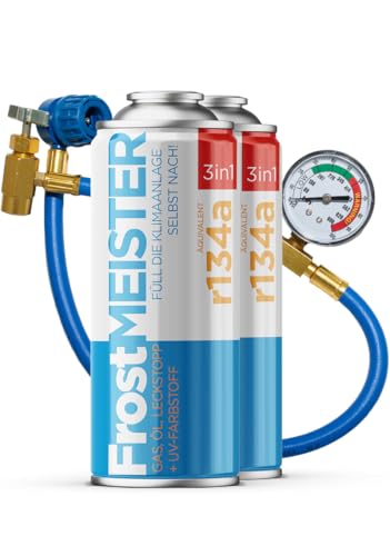 FrostMEISTER 3in1 – Auto-Klimaanlage Nachfüllset für R134a (1995–2016) – 2X 400 ml Dose & Schlauch mit Manometer – Ersatz für das Kältemittel, Öl & Dichtmittel – Schnelle & einfache Anwendung
