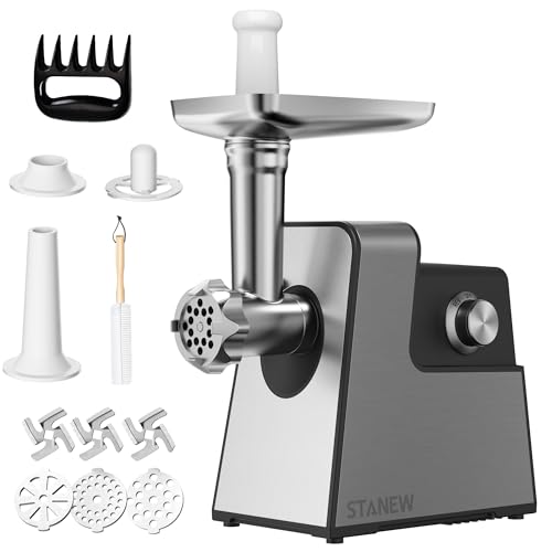 STANEW Fleischwolf Elektrisch, 3 in 1 Hackfleisch Maschine mit 3 Platten aus Edelstahl, Wurstmaschine Kubbe und 3 Füllrohre für Wurst, Kapazität 3,5 kg/min, 3 Klingen, 3500 W Starker Kupfermotor