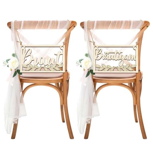 2 Stuhlschilder Hochzeit,Braut und Bräutigam Holz Schilder für Sessel,Stuhlgirlanden Stuhlaufhänger Hochzeit Stuhl Zeichen für Wand Foto Requisiten Hochzeitsdekoration Jahrestag Deko