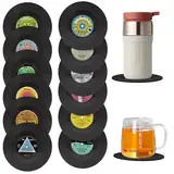 Lithyc 12 StüCk Vinyl Schallplatten Untersetzer,Glas Untersetzer,Untersetzer Tasse，Untersetzer GeträNke, Runde Silikon Untersetzer, Glas und Untersetzer für Bars, Kaffee, GeträNke, Tassen