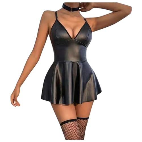 2025 - Damen verführerisches PU-Harness-Dessous-Kleid mit verstellbaren Trägern, Kunstlederrock für Damen Dessous Männer Sexy (Black, L)