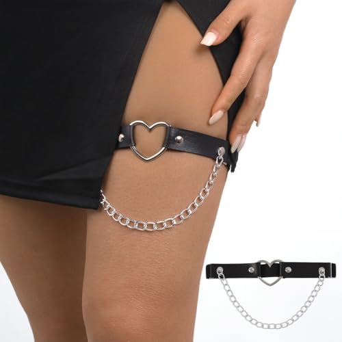 NJCXOLA 2PCS Leder Bein Strumpfband Schwarz,Goth Accessories Verstellbarer Strumpfhalter mit Ketten,Herz Strumpfhalter für Beine und Oberschenkel für Frauen Halloween Rave Karneval Cosplay Party