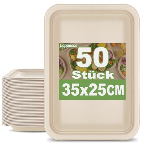 Loppdece 50 Stück Pappteller, 25 x 35 cm Premium Pappteller Eckig, Umweltverträgliches Bagasse Einwegteller, Biologisch Zuckerrohr Teller Bagasse-Teller für Party BBQ Camping Picknicks Grillpartys