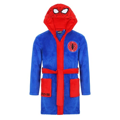 Spiderman Bademantel Kinder Jungen Fleece, Spidermann Morgenmantel Kinder mit Kapuze (DE/NL/SE/PL, Numerisch, 116, Regular, Blau-Rot)