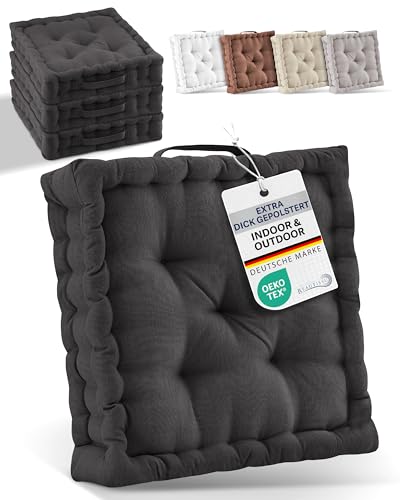 Beauitssu 4er Set Bodenkissen Sitzkissen 40x40 cm - Dickes Matratzenkissen 8cm - 100% Baumwolle Stuhlkissen Indoor & Outdoor Sitzkissen Boden Tragegriff extra Dicke Sitzauflagen Anthrazit - Mila