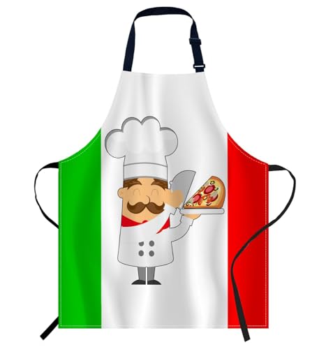 Smooffly Schürze mit italienischer Flagge, Cartoon-Koch, Pizzaschürze, verstellbare Schürze, Kochen, Küche, Koch, Damen, Herren, Schürzen für Zuhause, Küche, Restaurant, Kaffeehaus, Backen,