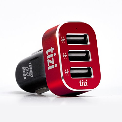 tizi Turbolader 3X MEGA (7,2A, Monza Rot Edition), 3-Fach USB-Auto-Ladegerät mit hochwertigem Alukopf
