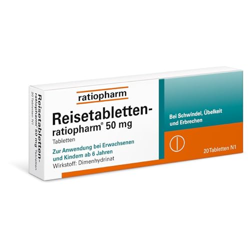 Reisetabletten-ratiopharm – Zur Vorbeugung und Behandlung von Reisekrankheit wie zum Beispiel Übelkeit, Schwindel und Erbrechen. Für angenehmeres Reisen für die ganze Familie, 20 Tabletten