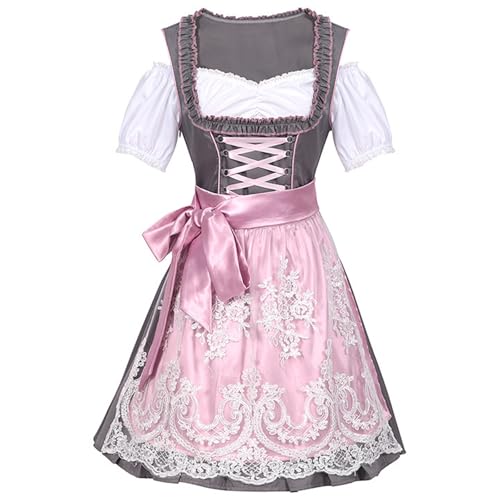 Bseical Dirndl für Damen Trachtenkleid Midi Dirndl 3tlg Dirndl-Komplettsets mit Bluse und Schürze Rosa Dirndlkleid Spitze Stretch Elegant Oktoberfest Dresses