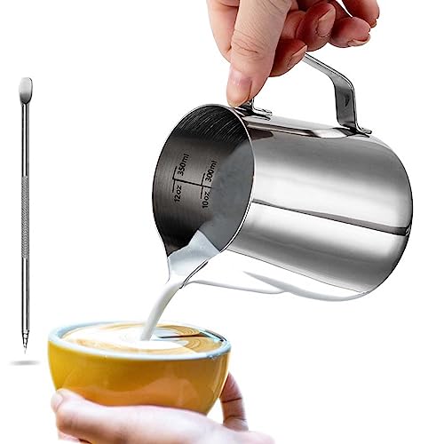 Dailyart Milchkännchen, Milchkännchen aus Edelstahl Milk Pitcher 350ml/12oz Milchkanne Milchschaumkännchen Milch Aufschäumen für Cappuccino und Latte Art, Silber