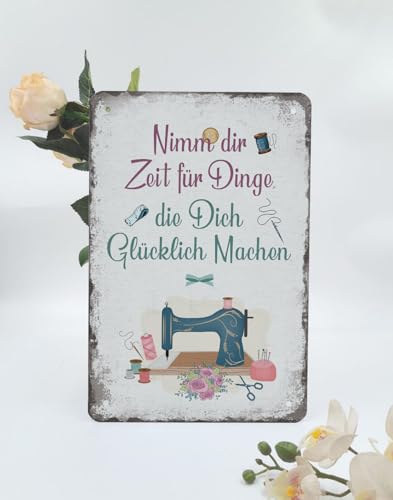 Retro Nähen Blechschild mit Spruch 20x30cm - DIE DICH GLÜCKLICH MACHEN - Retro Nähmaschine Schild mit Nadel Faden - Nähzubehör Wanddeko Geschenk für Nähzimmer Nähbegeisterte