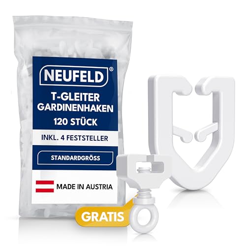 NEUFELD® 120 T-Gleiter (inkl. 4 Feststeller) Gardinenhaken für T-Schiene - Wohnwagen Gardinen in Standardgröße - Gardinengleiter