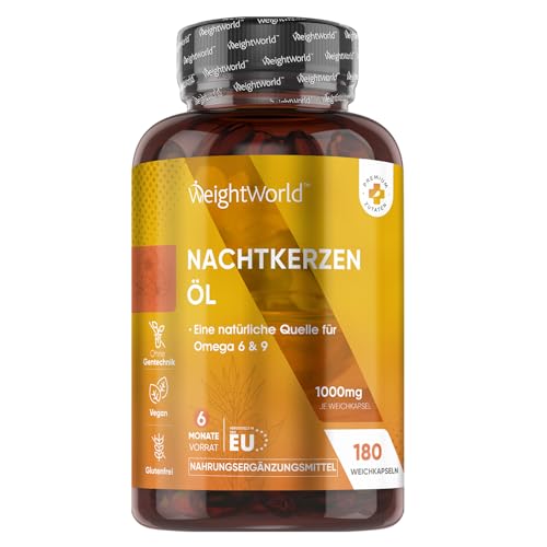 Nachtkerzenöl Kapseln vegan mit Omega 6 & 9-1000mg pro Weichkapsel - 6 Monate Vorrat für 180 Nachtkerzenöl Softgels - Evening Primrose Oil - Ohne Gentechnik & Gemäß GMP - WeightWorld