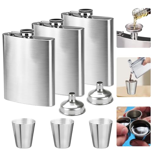 3 Stück Edelstahl Flachmann mit 2 Trichter und 3 Weinglas, 8oz.224 ml Auslaufsicher Flachmänner, Tragbares Flachmann Set, für Spirituosen, Whiskey, Rum, Wodka, für Camping Klettern Party(Silber)