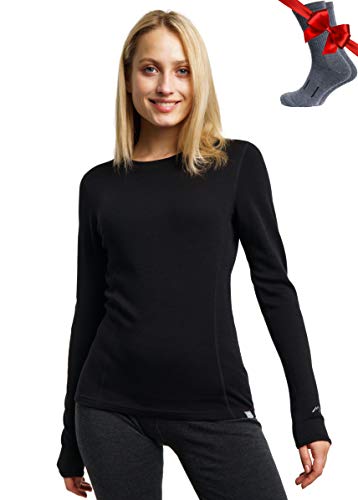 Merino.tech Merino Shirt Damen Langarm - Premium 100% Merino Unterwäsche Damen Mittel + Wollsocken (Large, Black 250)