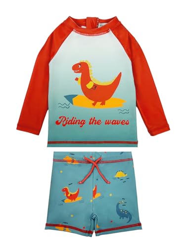 weVSwe UV Badeanzug Baby Junge Langarm Schutz Badeanzug Baby Junge Schwimmanzug Zweiteilig Badeshorts Rot Blau Dinosaurier Neugeborenes 12-18 Monate