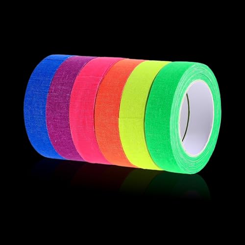 Thinp 6 Rollen Neon Klebeband Schwarzlicht,Fluoreszierendes Klebeband Wasserfest,Leuchtendes Band Selbstklebend,Markierungsband,Warnband Phosphorband,für Treppen Wänden Bühnenbedarf Partydeko-5mx15mm