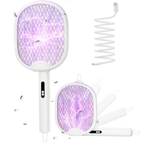 WOCVRYY Elektrische Fliegenklatsche Extra Stark 4000V 1800mAh 3 in 1 Akku Aufladbar Elektro Mückenklatsche mit Type C Wiederaufladbarer LED Fly Fliegen Killer Zusammenklappbar für Indoor Gärten