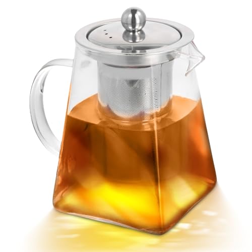 Litinliv Glas Teekanne, 750ml Quadratische Glas-Teekannen mit Teesieb, Borosilikatglas Teekanne, für Tee, Kaffee, losen Tee, Teebeutel, Kräutertee, Herdsicherer Teebereiter