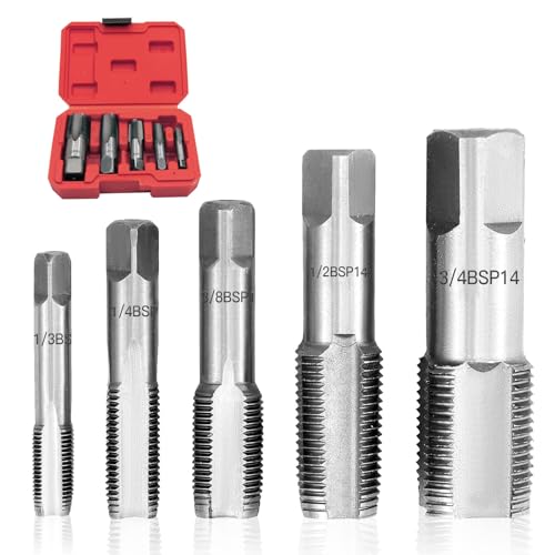 5-teiliges BSP-Rohrgewindebohrer Set, 1/8, 1/4, 3/8, 1/2, 3/4 Zoll Kohlenstoffstahl Handgewindebohrer-Set für Genaue Gewinde, Verschiedene Rohrleitungs Mechaniker DIY Rohrgewindeschneider