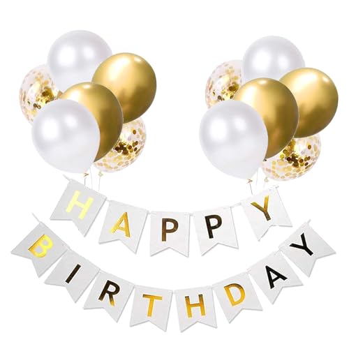 Luftballons Geburtstag Dekoration Set, weiß Gold Geburtstagsdeko Happy Birthday deko Banner Party Deko Geburtstag Set mit weiß Gold Happy Birthday Luftballons Konfetti Ballons（WH+GD）