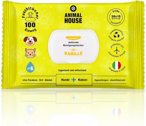 Animal House - Kamille-Reinigungstücher, 100 Stück, natürlich, feuchtigkeitsspendend und beruhigend, biologisch abbaubar und hypoallergen, für die tägliche Reinigung von Hunden und Katzen