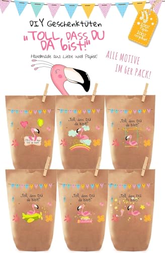 8 bunte FLAMINGO PARTY Geschenktüten - Tüten liebevoll bedruckt aus Kraftpapier, zum Verpacken von Geschenken, Gastgeschenken, Mitgebsel, Giveaways, Kindergeburtstag, Hochzeit.