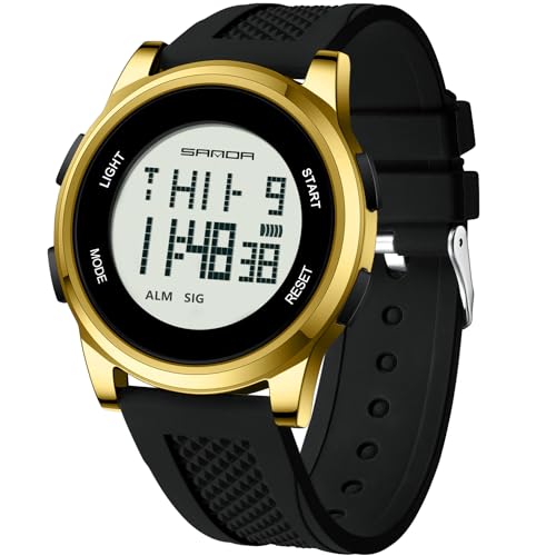 Herren Uhren für Herren Damen Unisex Uhr Ultradünne Minimalistische Sportuhr Digitaluhr Wasserdichte Uhren aus Legierung mit Alarm Licht Stoppuhr Kautschukband Multifunktions Armbanduhr (Gold)