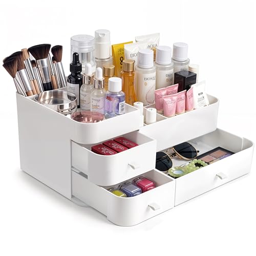 Winter Shore Weißer Kosmetik Organiser - Makeup Organizer Schminke für Nagellack, Kosmetik- & Hautpflegeprodukte - Organizer Bad mit Fächern und 3 Schubladen für Schminke, Parfüm, Pinsel & Zubehör