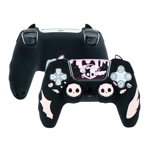 GeekShare Niedliches PS5-Controller-Hautgriff-Set, rutschfeste Silikon-Haut-Schutzhülle, Joystick-Kappen für PS5 Wireless Controller-Zubehör-Set, Totenkopf (Schwarz)