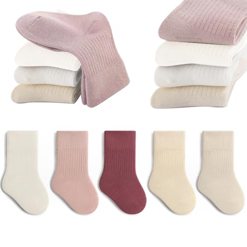 QIYIENDIAN 5 Paare Kleinkind Crew Socken weiche Baumwolle Socken elastische Baby solide Farben für Kinder Jungen Mädchen（Pink,1-3Y