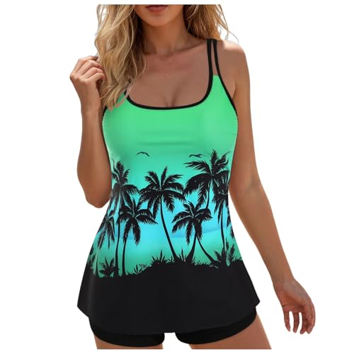 Damen-Badeanzug, zweiteilig, Blumendruck, Schleife, Schnürung, Tankini Bikini-Set, 2-teilig, schick und elegant, Sommer, große Taille, verstellbar, Push-Up, Strand, Swimwear, himmelblau, 54