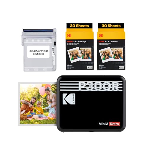 KODAK Mini 3 Retro 4Pass Tragbarer Fotodrucker (7,6 x 7,6 cm) – Paket mit 68 Blättern, schwarz