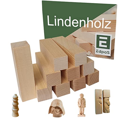 Edpas Schnitzholz Lindenholz - 10er Pack Holzblöcke und Schnitzvorlagen zum Schnitzen - Schnitzset zum Holzschnitzen Schnitzholz für Kinder