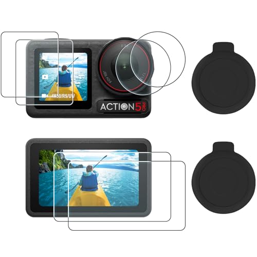 AMAZEAR (2 Pack Displayschutzfolie für DJI Osmo Action5 Pro, Includes 2 lens silicone covers, Gehärtete Glasschutzfolie für DJI Action 5 Pro Zubehör, Ultra HD, 9H Härte, Kratzfest