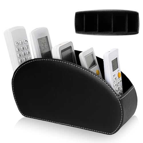 PRITOK Fernbedienungshalter mit 5 Taschen Fernbedienung Halterung PU-Leder Große Halterung für TV, DVD, 4K Stick und Bluray Fernbedienungen, Schreibtisch Organizer für Stifte, Handy