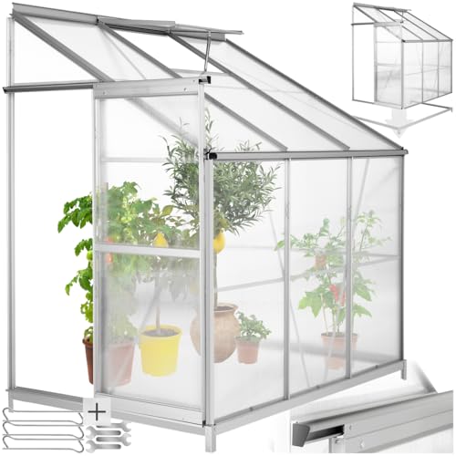 tectake® Aluminium Anlehngewächshaus 4,09 m³, Treibhaus mit Schiebetür und Dachfenster, robuste Konstruktion, Frühbeet Gewächshaus für den Garten, UV-beständig, 192 x 128 x 202 cm - mit Fundament